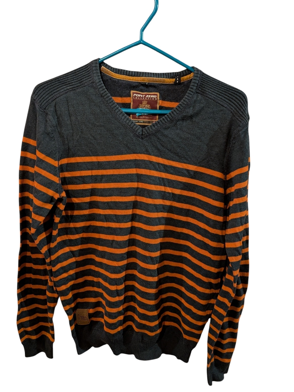 Point Zero Men’s Dark Gray and Orange Striped V-Neck Sweater